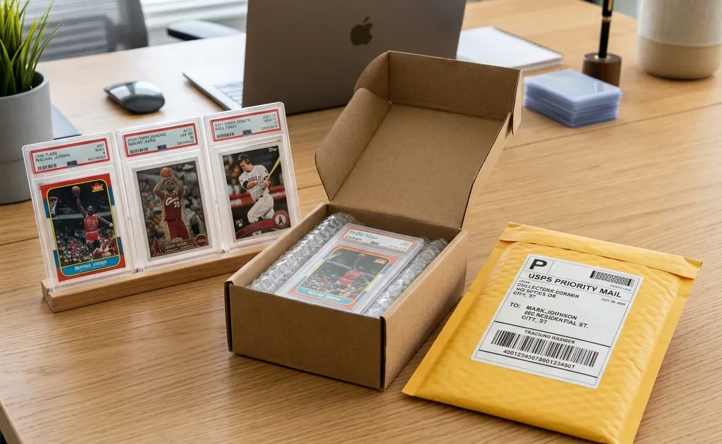 Graded sports cards next to a bubble mailer, shipping box, and label on a workspace desk