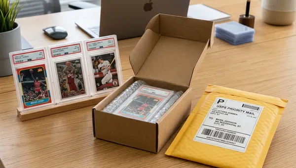 Graded sports cards next to a bubble mailer, shipping box, and label on a workspace desk