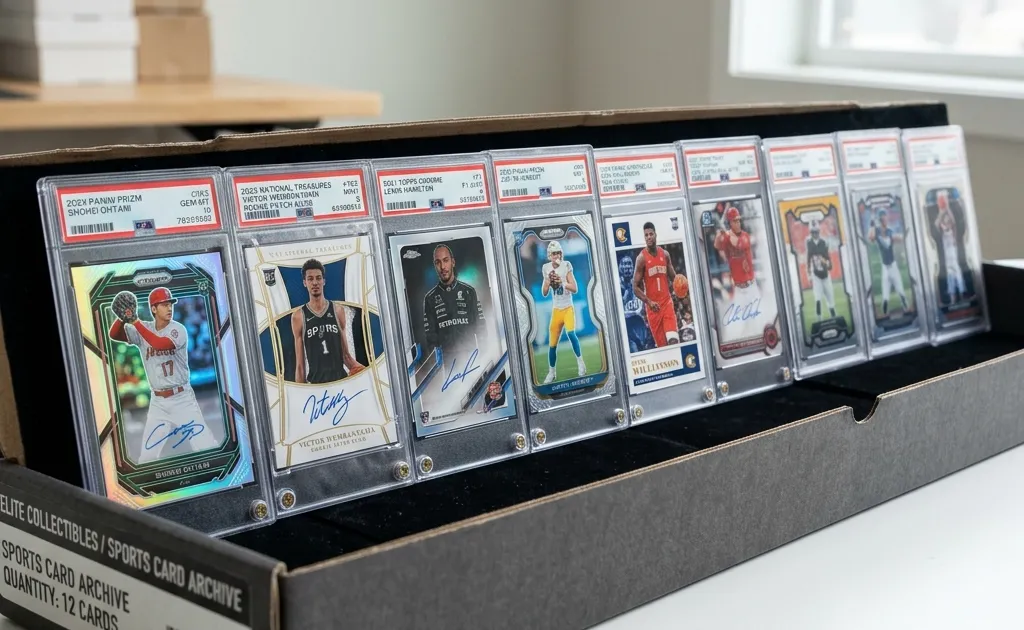 Graded sports cards in magnetic holders lined up inside a collector storage archive box