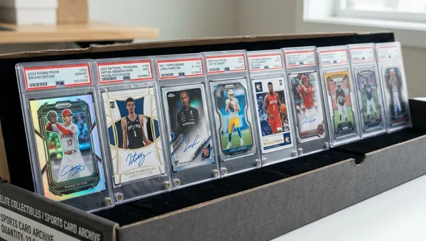 Graded sports cards in magnetic holders lined up inside a collector storage archive box