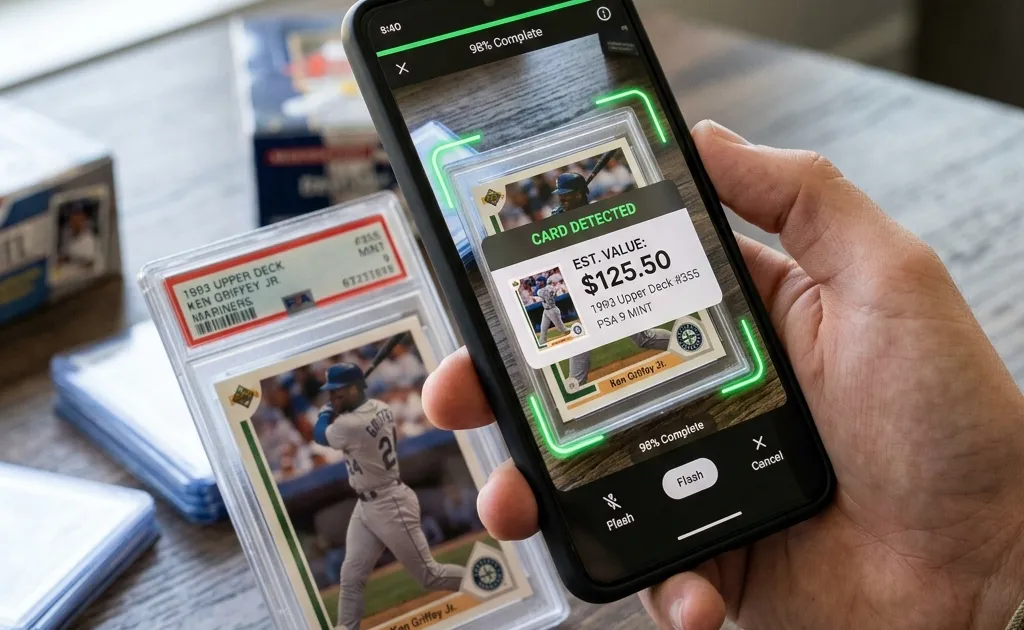 A hand holding a mobile phone running a sports card scanning app over a graded card
