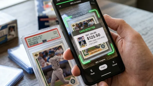 Smartphone displaying sports card scanner camera app scanning a card