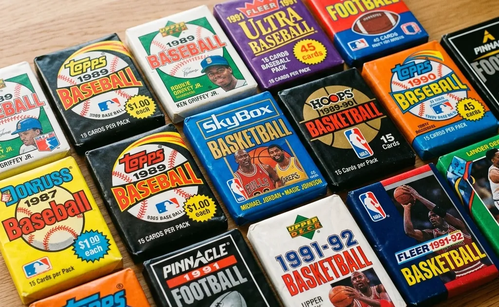 A selection of colorful unopened sports card wax packs from the late 80s and early 90s