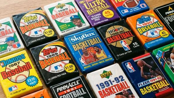 A selection of colorful unopened sports card wax packs from the late 80s and early 90s