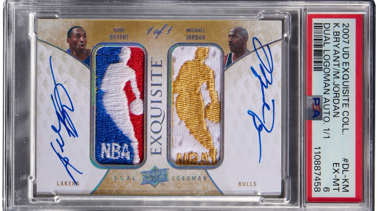 2007 Upper Deck Exquisite Collection Kobe Bryant & Michael Jordan Dual Logoman Auto 1/1 PSA 6 EX-MT basketball card slab